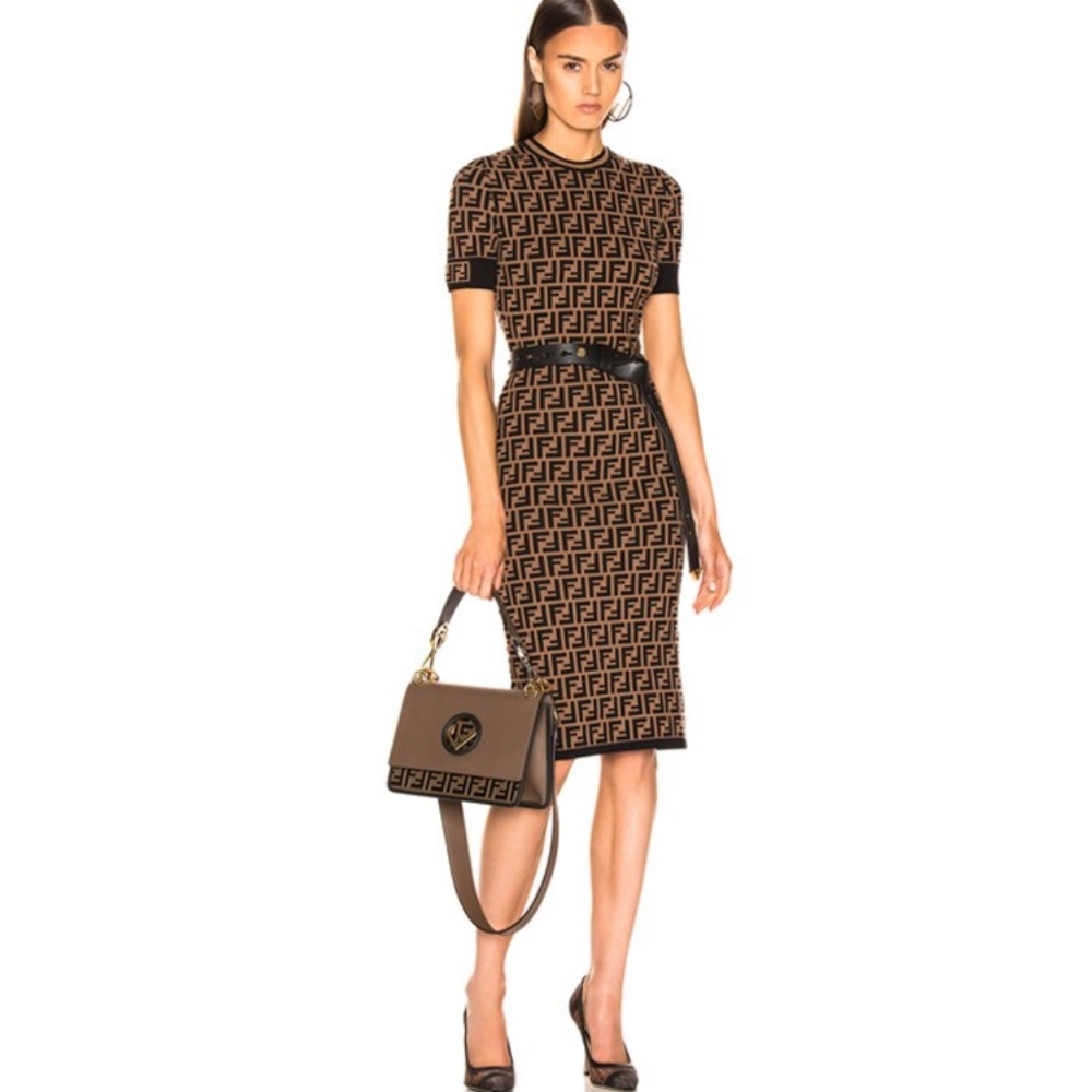 Fendi Black and Tan Patterned Dress Zucca FF Monogram